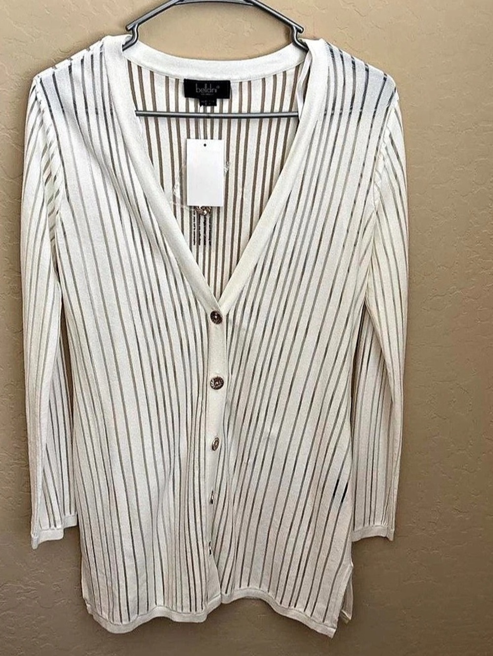 Belldini sheer striped Button-Front Cardigan in White, size small, New With Tags